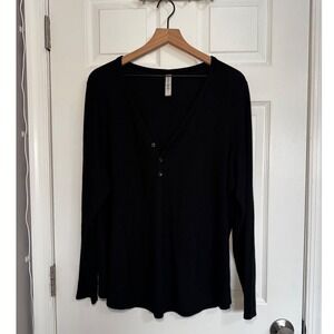 Athleta Wind Down Sleep Top Black Waffle Knit Henley Long Sleeve 2X Loungewear